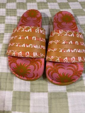 Adidas Pink & Olive Floral Slide Sandals